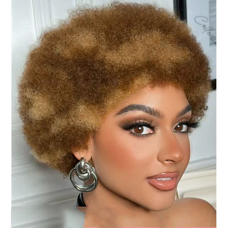 Short Afro Curly Human Hair Full Machine Wigs for Women 150% Density Short Hair Pixie Cut Wig Remy Human Hair Afro Wig For Black Women Gifts for Girlfriends