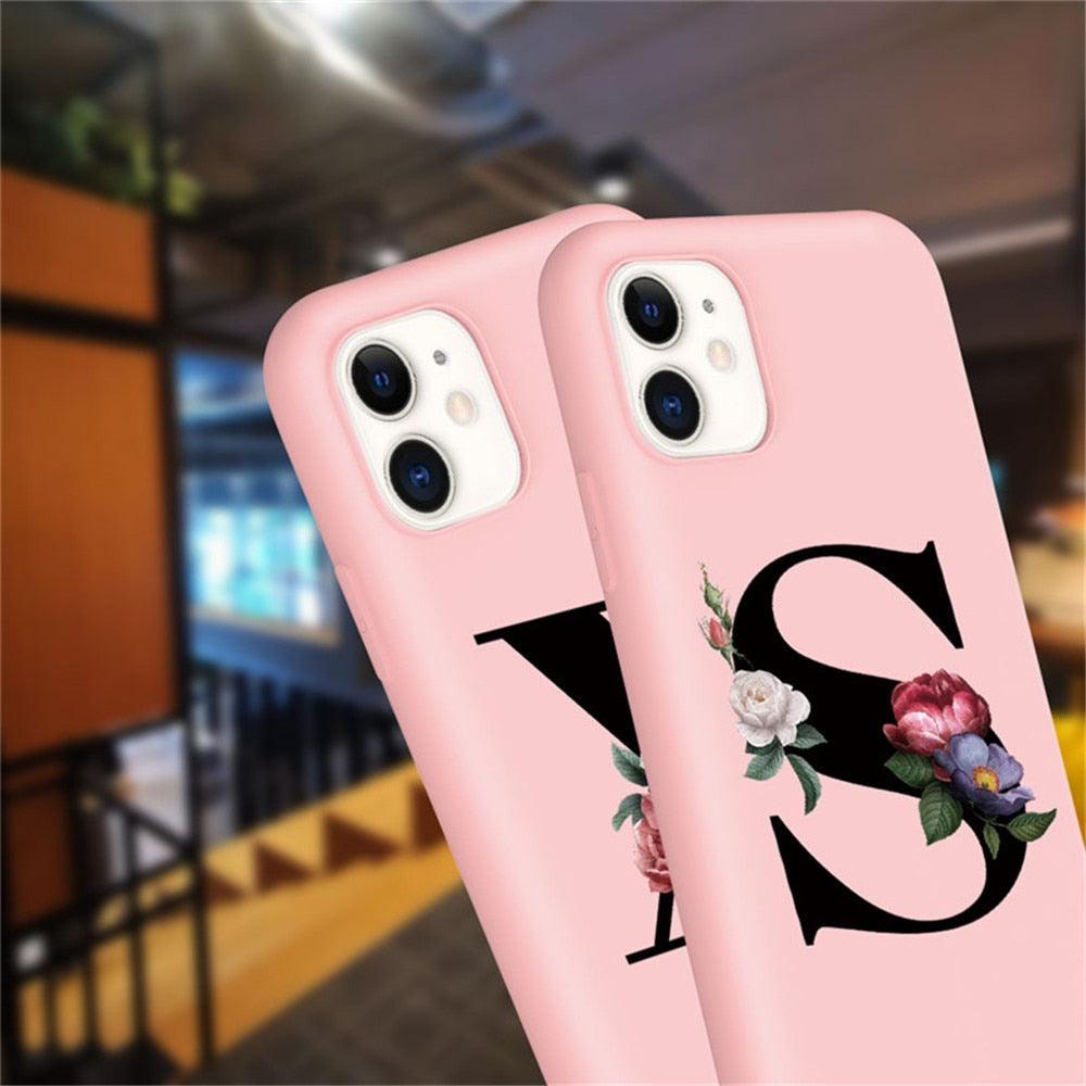 Initial Letter Silicon Phone Case For Iphone  12 Pro Max Retro Pink Flower Soft Back Cover Compatible With Iphone Case Soft Touch Cute Pink Silicone Back Cover For Iphone