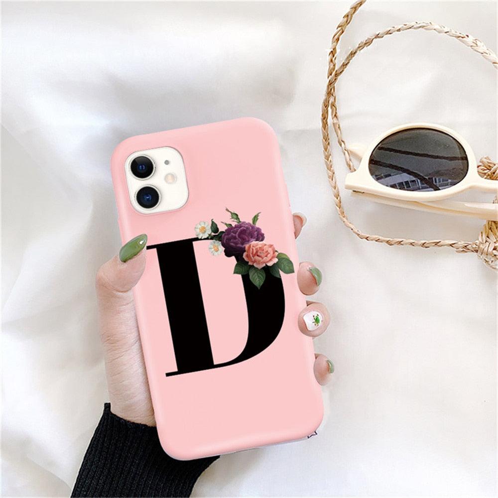 Initial Letter Silicon Phone Case For Iphone  12 Pro Max Retro Pink Flower Soft Back Cover Compatible With Iphone Case Soft Touch Cute Pink Silicone Back Cover For Iphone