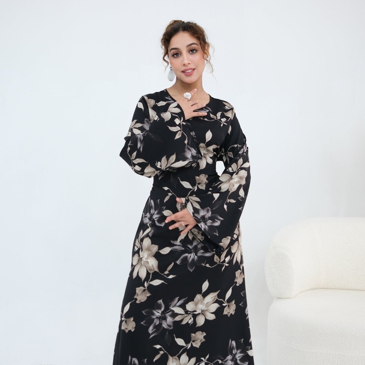 Ink Floral Satin Maxi Dress(MA434)