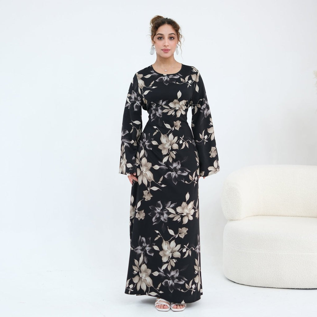 Ink Floral Satin Maxi Dress(MA434)