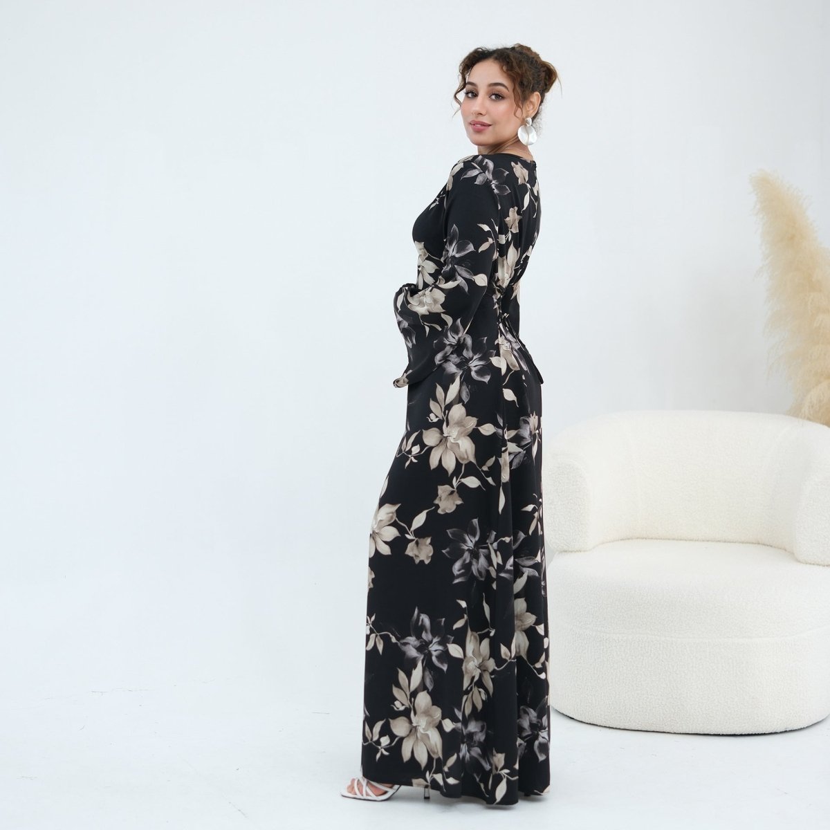 Ink Floral Satin Maxi Dress(MA434)
