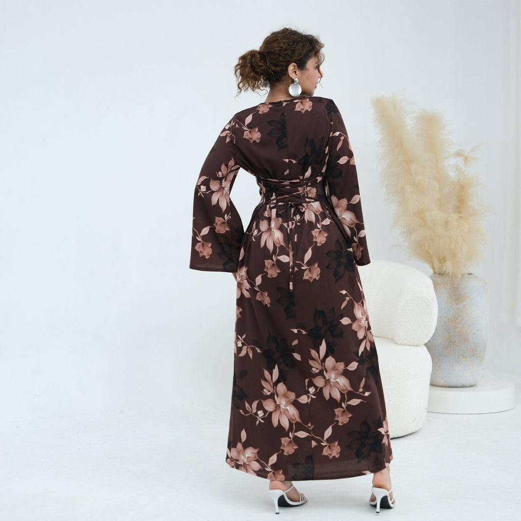 Ink Floral Satin Maxi Dress(MA434)