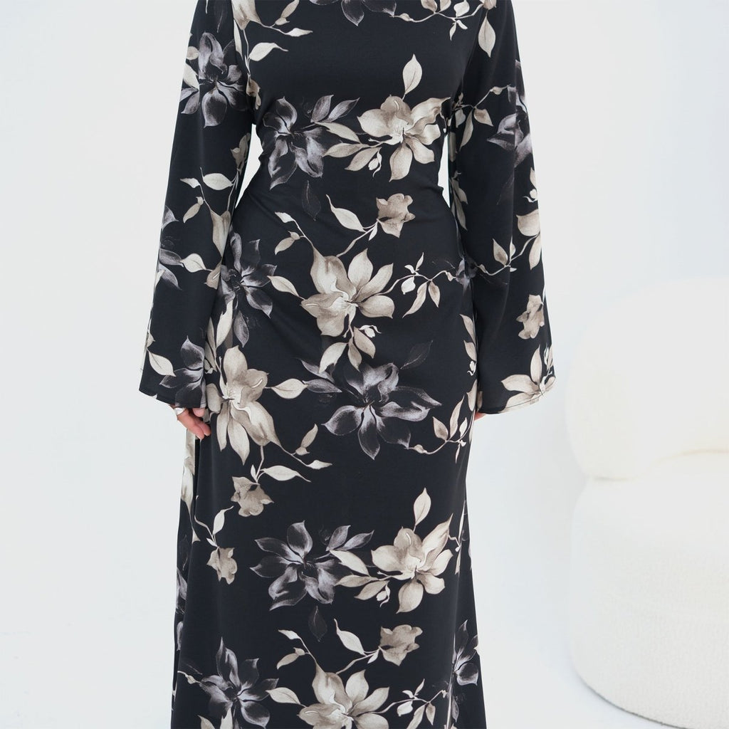 Ink Floral Satin Maxi Dress(MA434)
