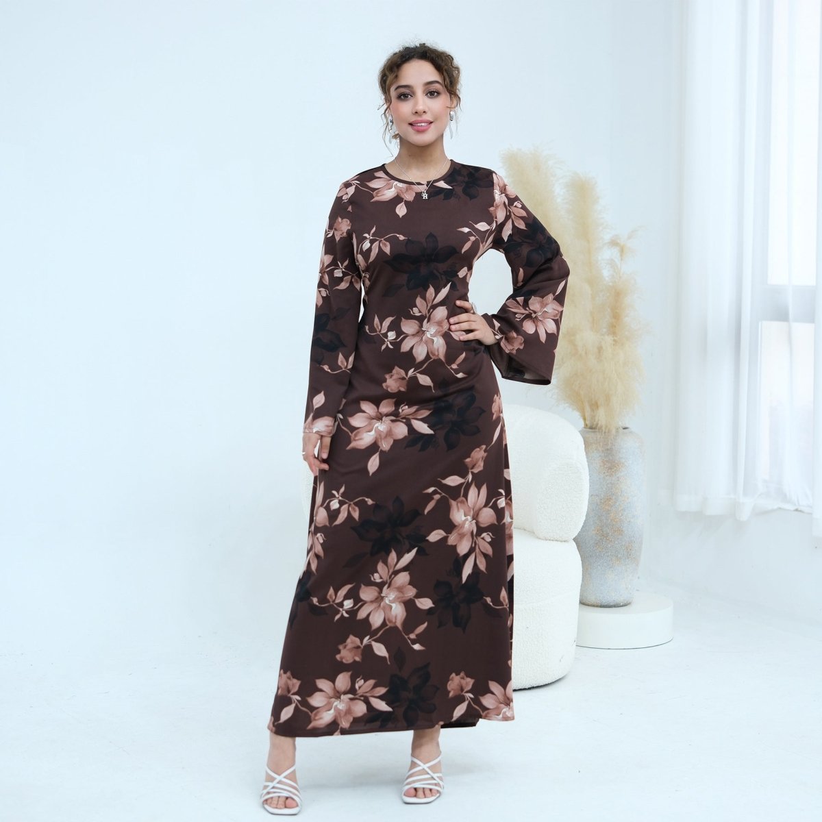 Ink Floral Satin Maxi Dress(MA434)