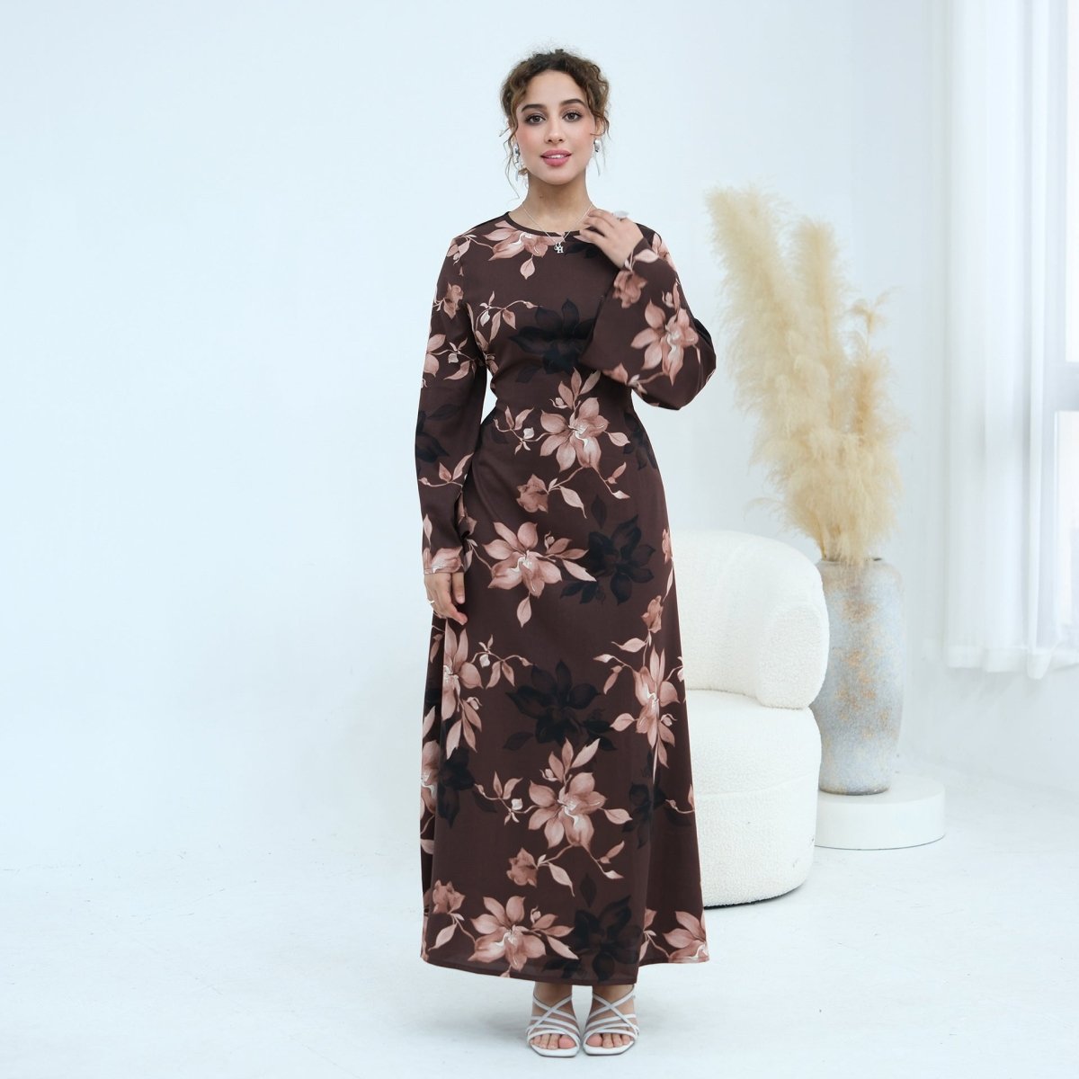 Ink Floral Satin Maxi Dress(MA434)