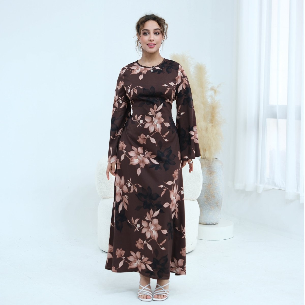 Ink Floral Satin Maxi Dress(MA434)