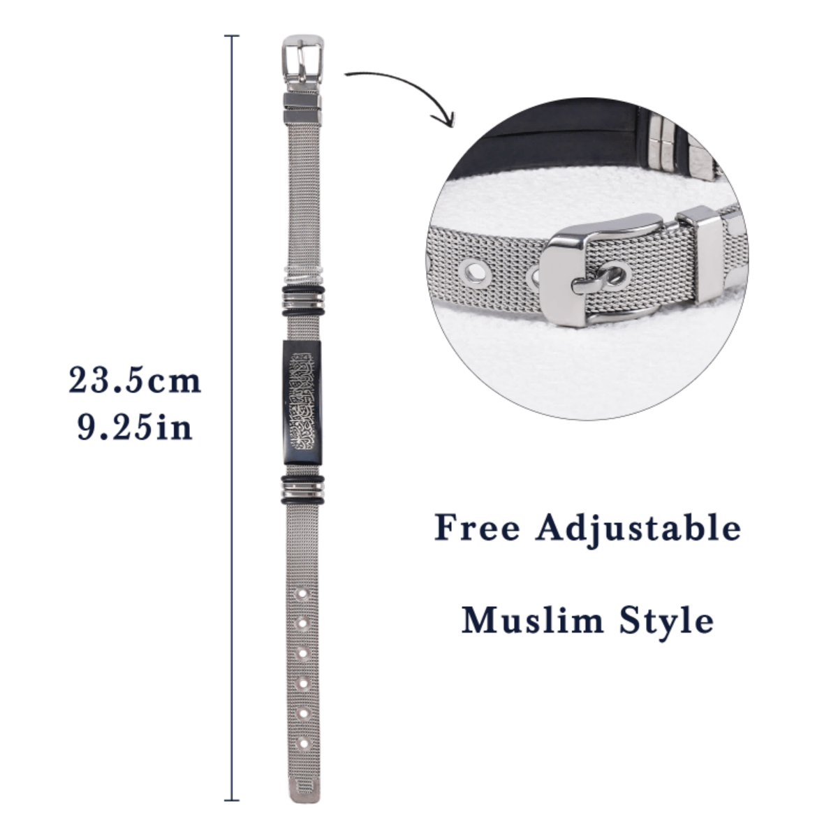 Islamic Calligraphy Silver Mesh Bracelet Premium Muslim Prayer Wristband with Arabic Script Design (MAC243)