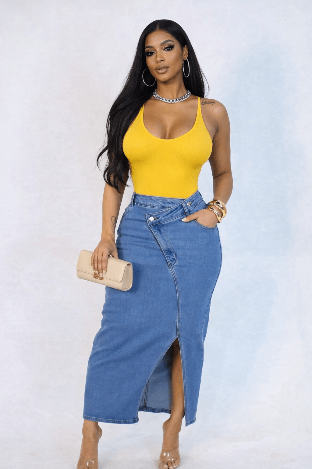 It Girl Asymmetrical High-Waist Denim Midi Skirt with Front Slit