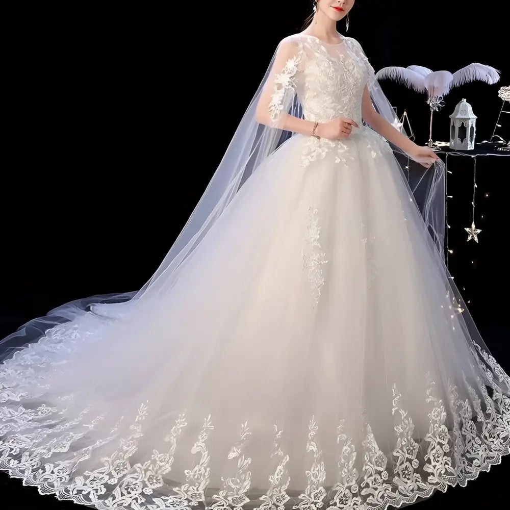 Ivory Lace Wedding Dress with Sheer Capelet