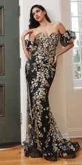 Ladivine J844 Strapless Glitter Floral Print Gown with Detachable Puff Sleeves