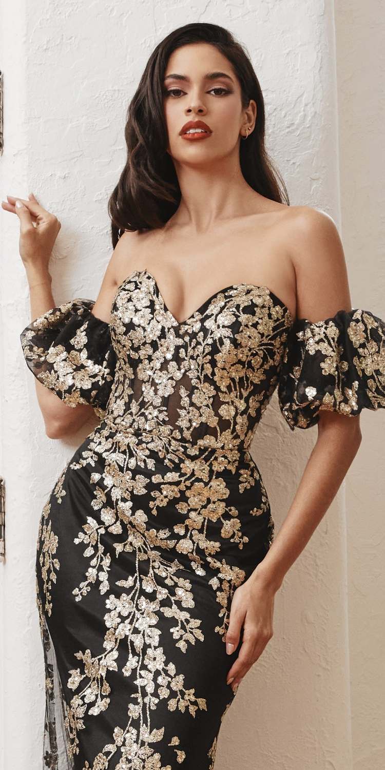 Ladivine J844 Strapless Glitter Floral Print Gown with Detachable Puff Sleeves