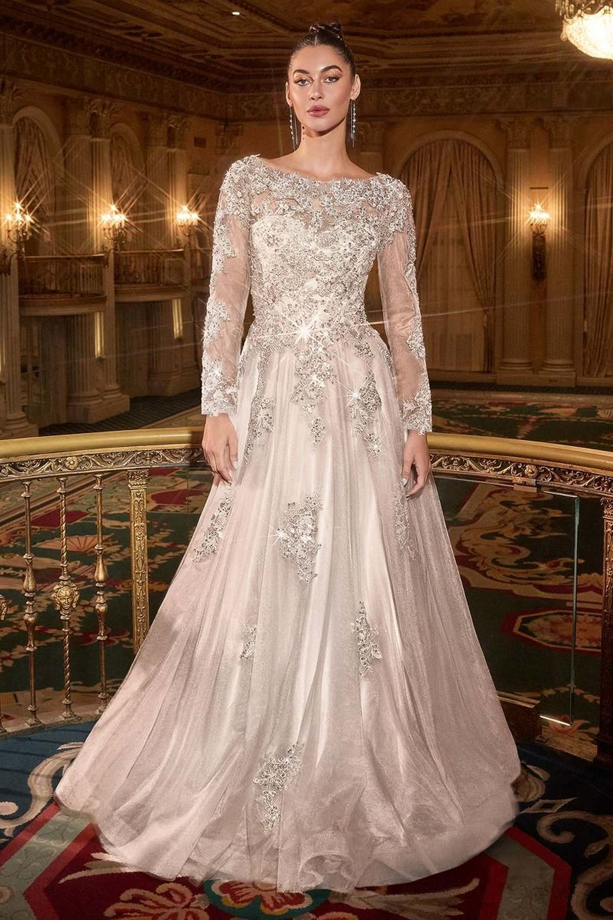 Ladivine J883W Wedding A-Line Ball Gown Long Sleeves Lace Applique