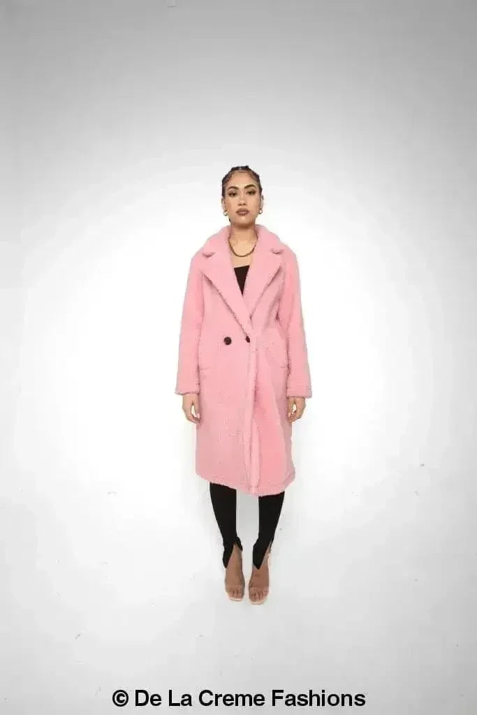 Jackie Double Breasted Borg Teddy Midi Coat