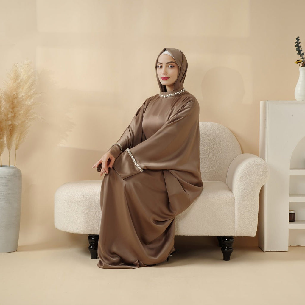 Kaftan Batwing Sleeve Luxury Satin Diamond Abaya 2-Piece Set (MA121)