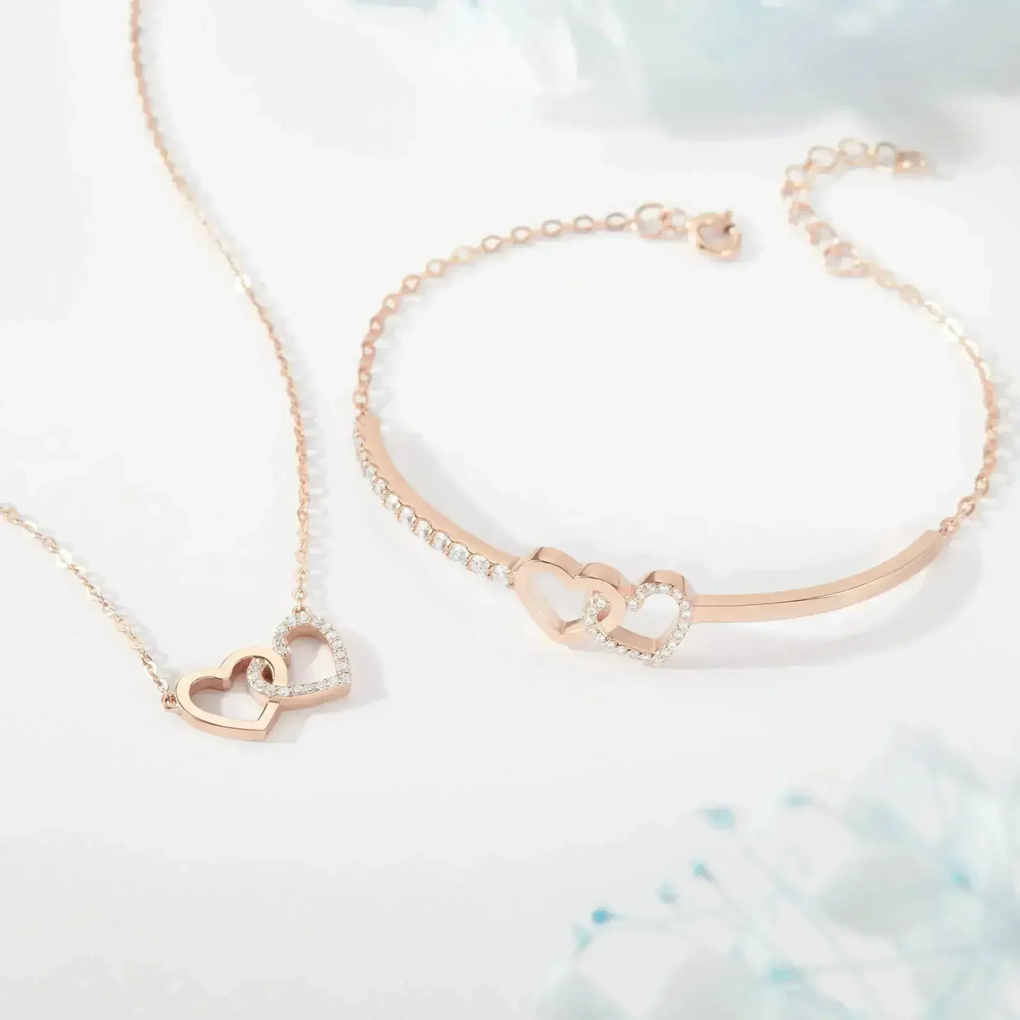 Double Heart Linked Necklace, Silver Heart Pendant Necklace, Stone
