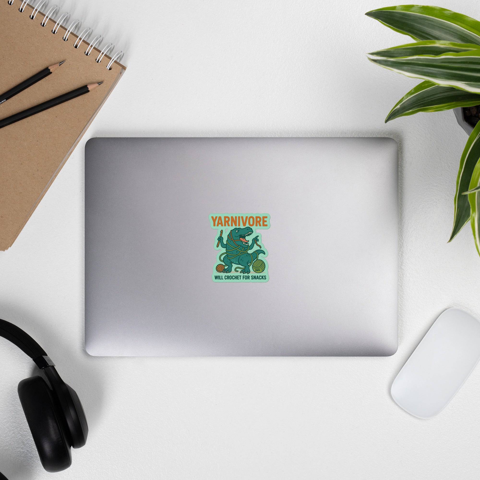 🦖 Yarnivore Sticker – Will Crochet for Snacks Bubble-free stickers