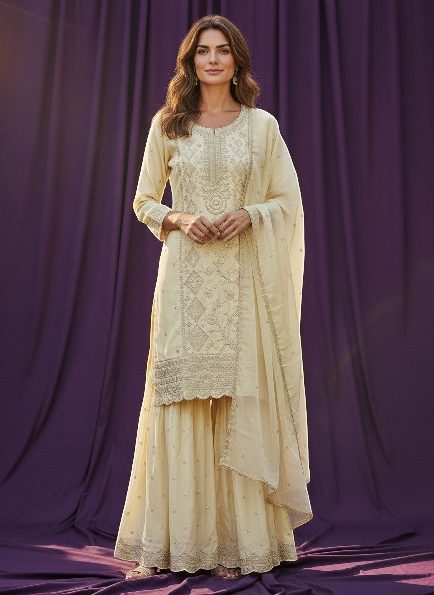 Embroidered Kurti Sharara Set With Dupatta