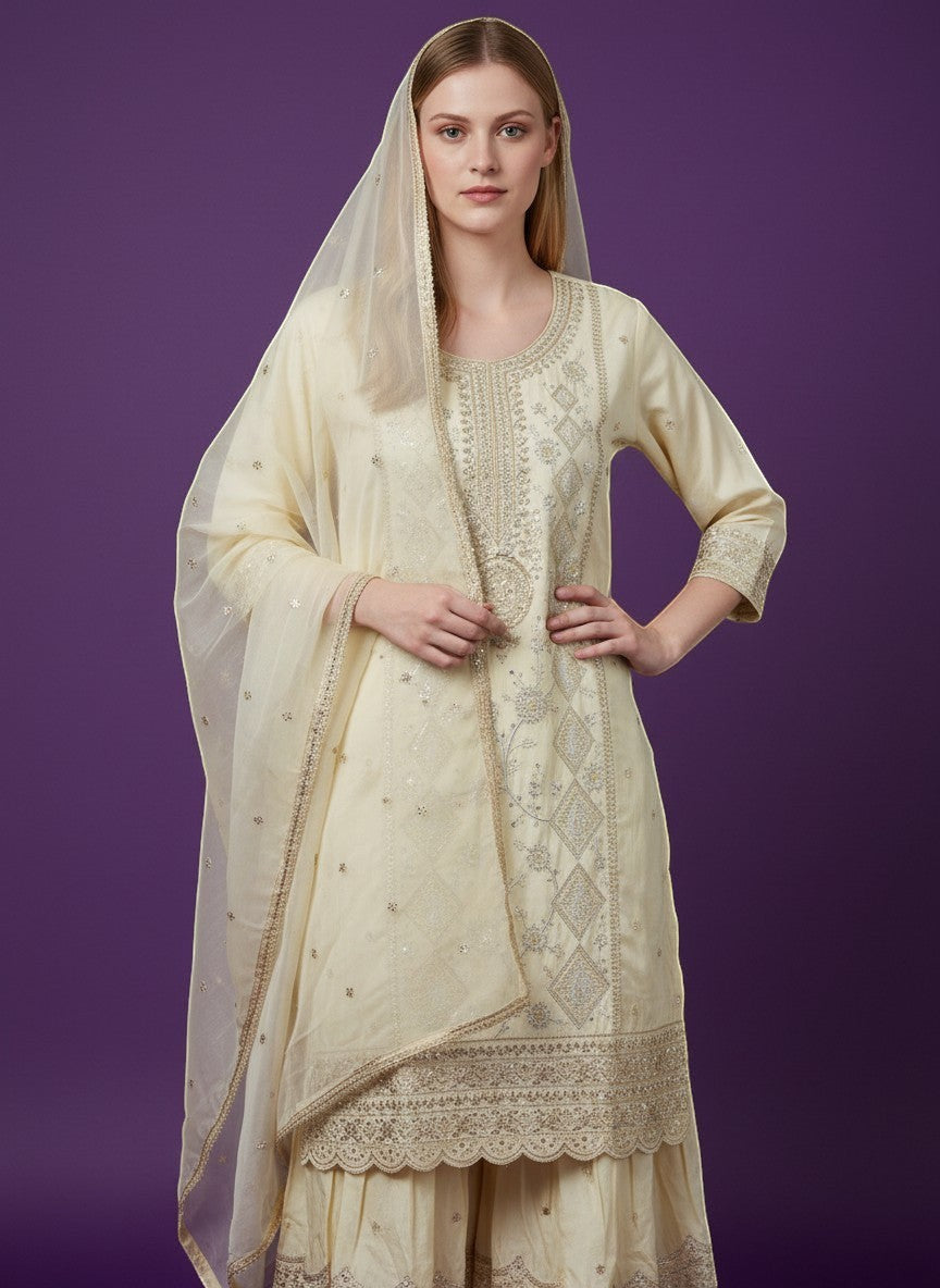 Embroidered Kurti Sharara Set With Dupatta