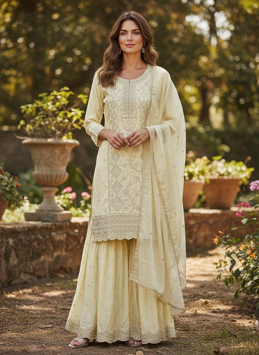 Embroidered Kurti Sharara Set With Dupatta