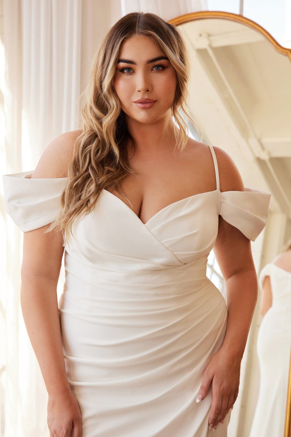 Cinderella Divine KV1057WC Crepe Off the Shoulder Dress