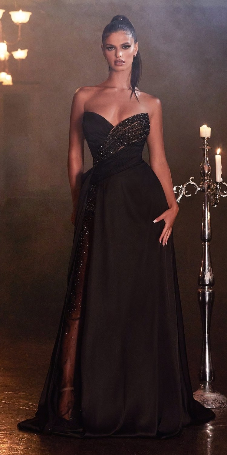 Cinderella Divine KV1059 Long Sheer Slit Embellished Strapless Gown