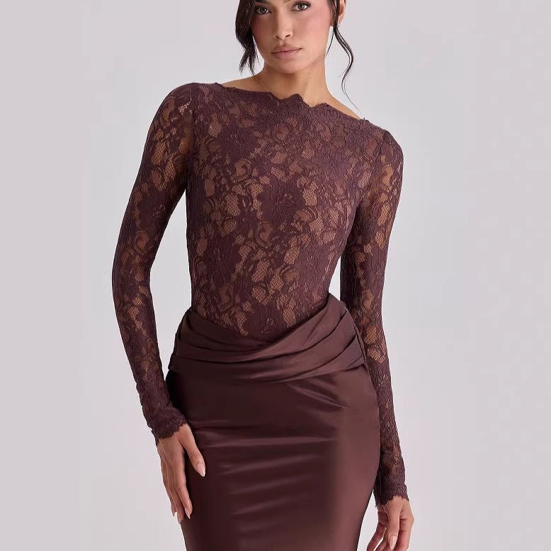 Lace Bodice Satin Ruched Mermaid Maxi Dress(MS415)