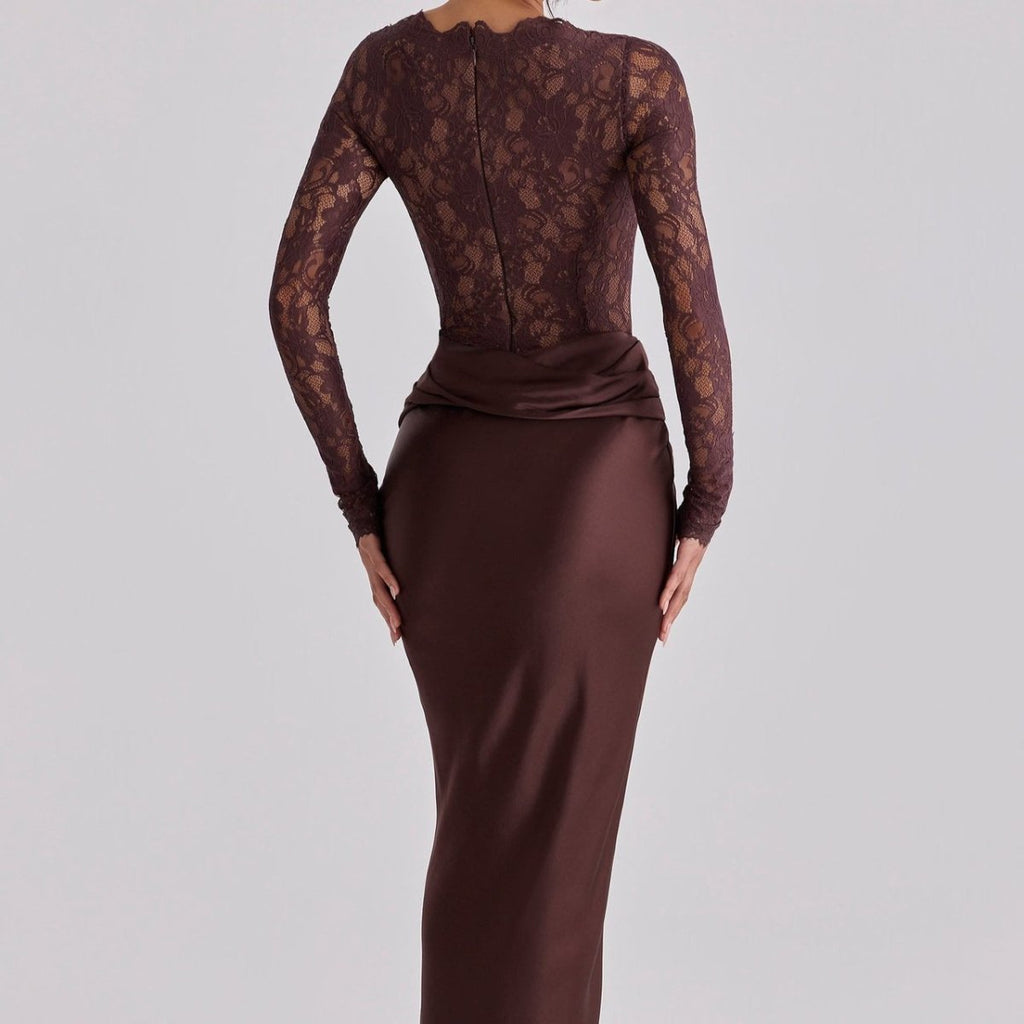 Lace Bodice Satin Ruched Mermaid Maxi Dress(MS415)