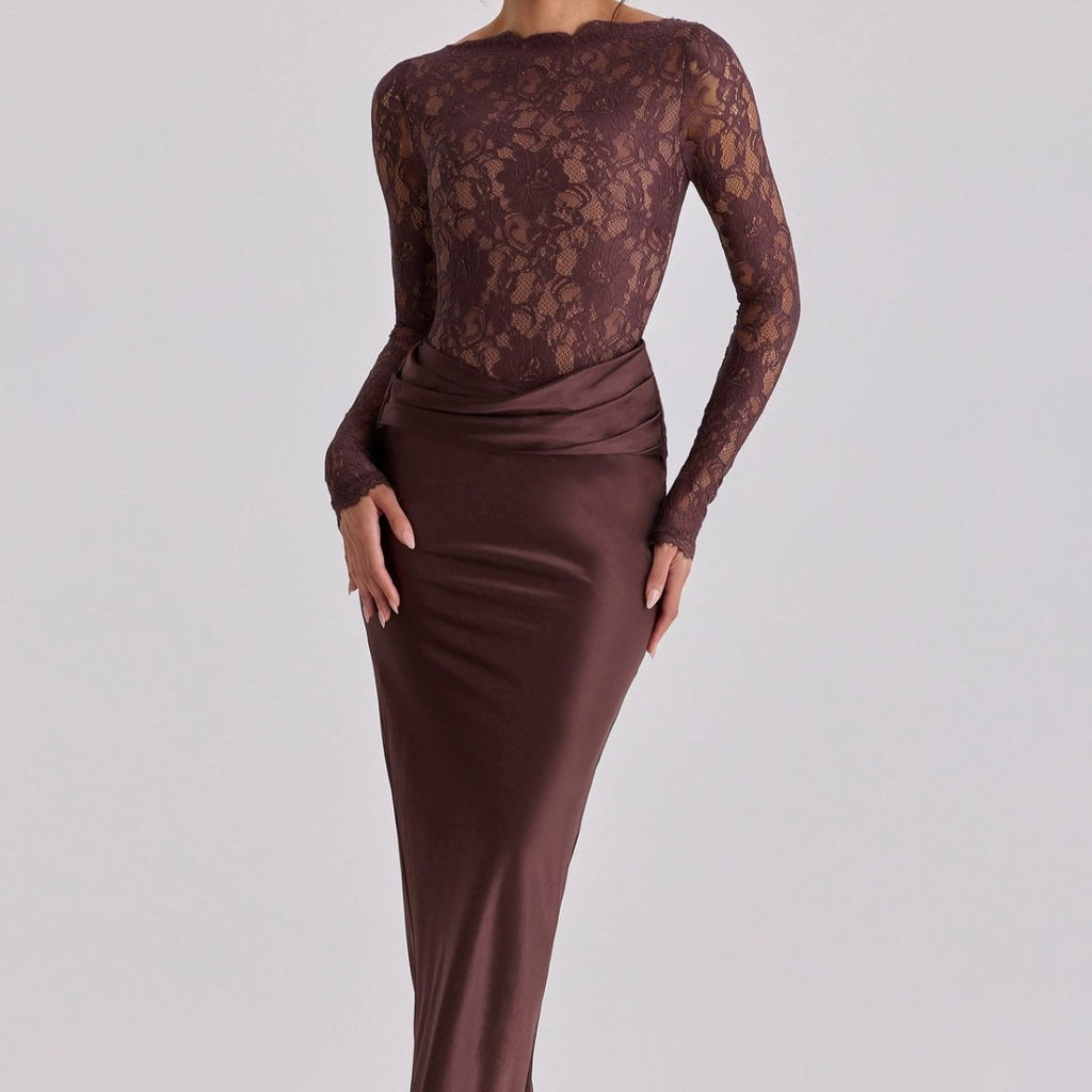 Lace Bodice Satin Ruched Mermaid Maxi Dress(MS415)