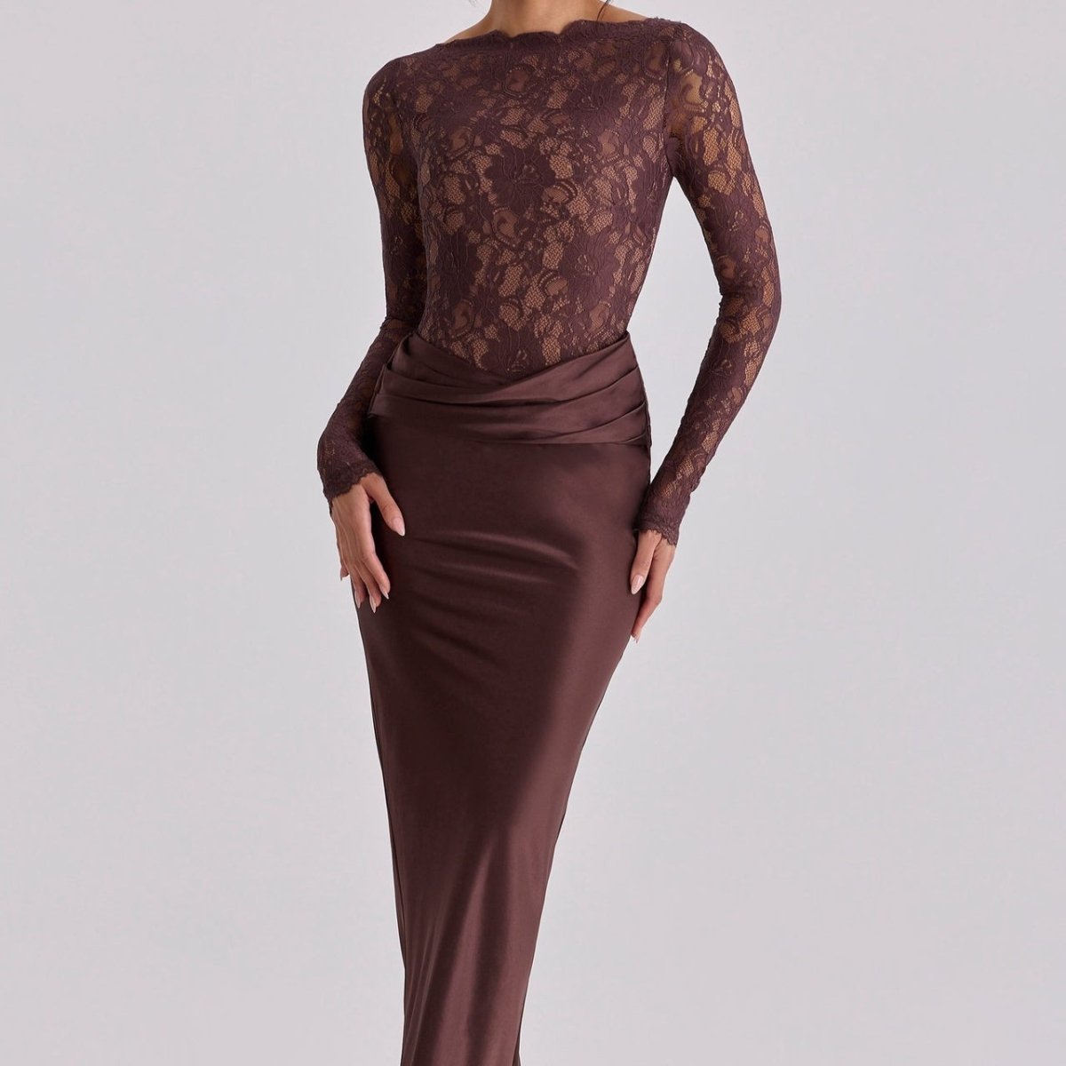 Lace Bodice Satin Ruched Mermaid Maxi Dress(MS415)