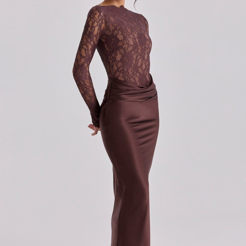 Lace Bodice Satin Ruched Mermaid Maxi Dress(MS415)
