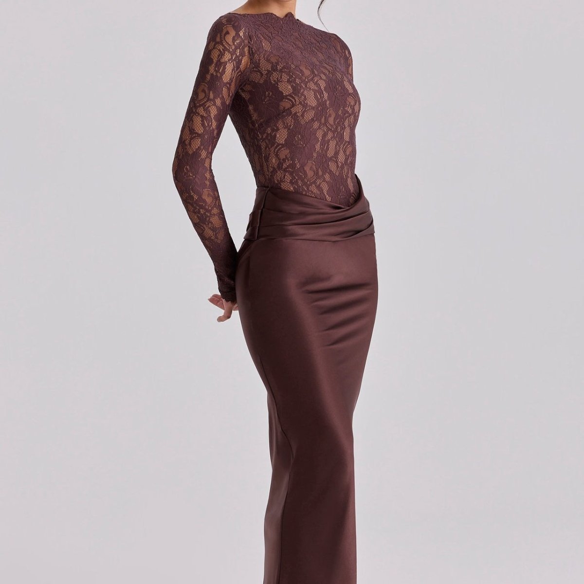 Lace Bodice Satin Ruched Mermaid Maxi Dress(MS415)