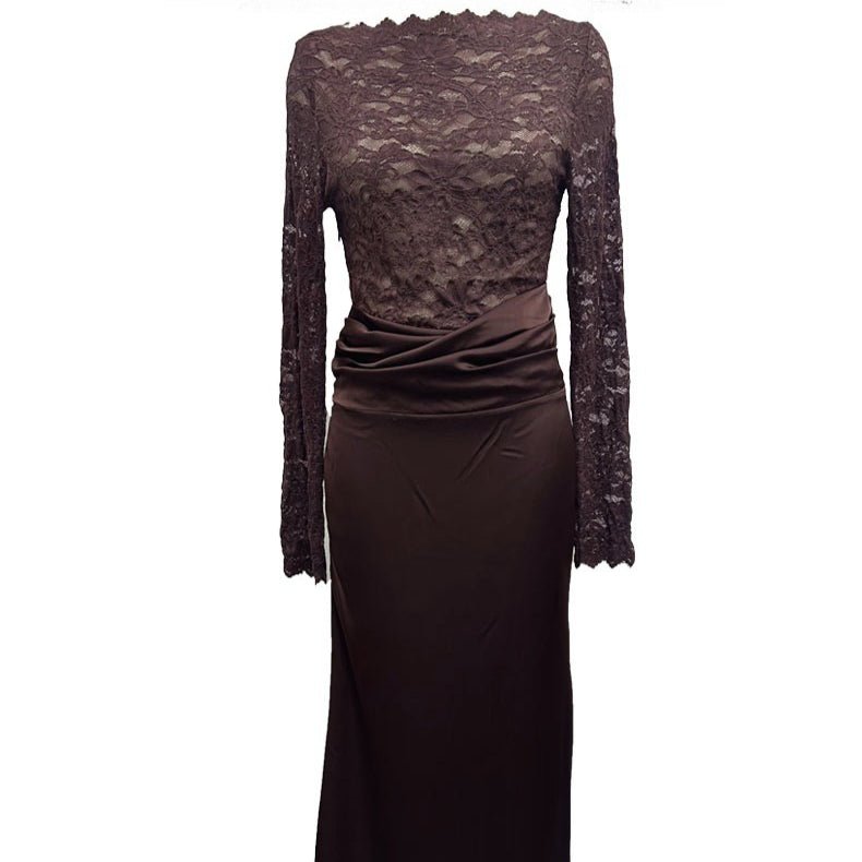 Lace Bodice Satin Ruched Mermaid Maxi Dress(MS415)