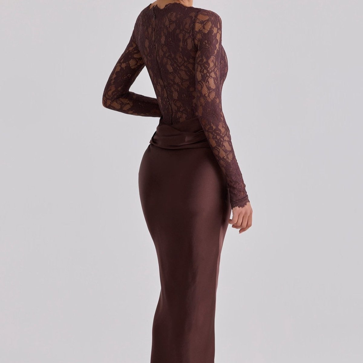 Lace Bodice Satin Ruched Mermaid Maxi Dress(MS415)