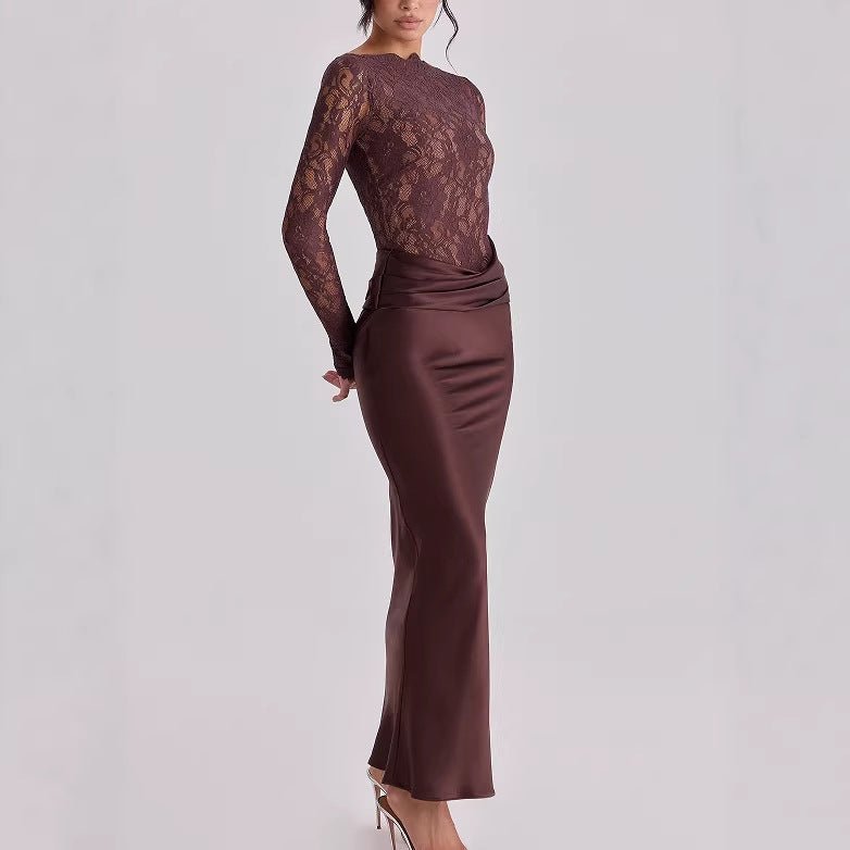 Lace Bodice Satin Ruched Mermaid Maxi Dress(MS415)