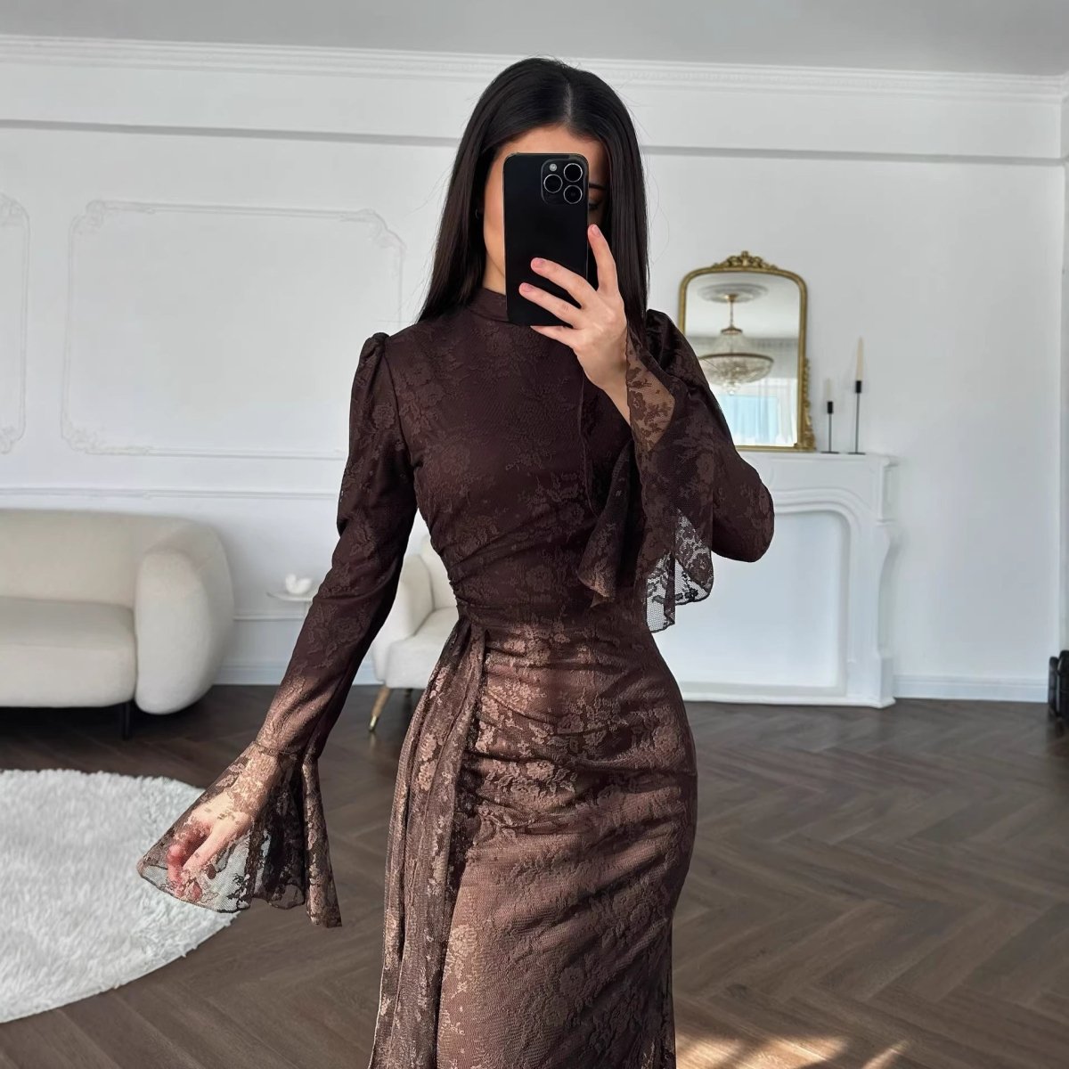 Lace Bodycon Evening Dress with Bell Sleeves(MS391)