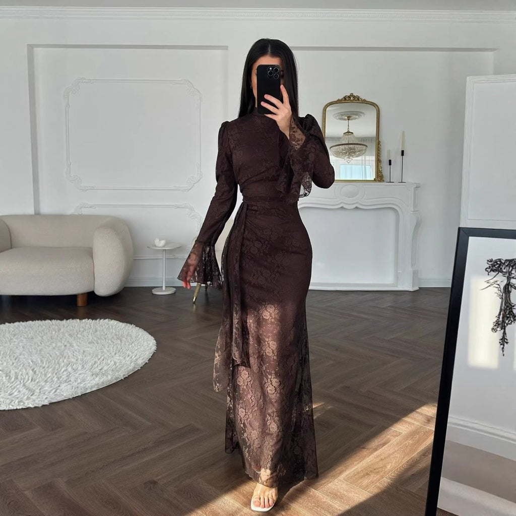 Lace Bodycon Evening Dress with Bell Sleeves(MS391)