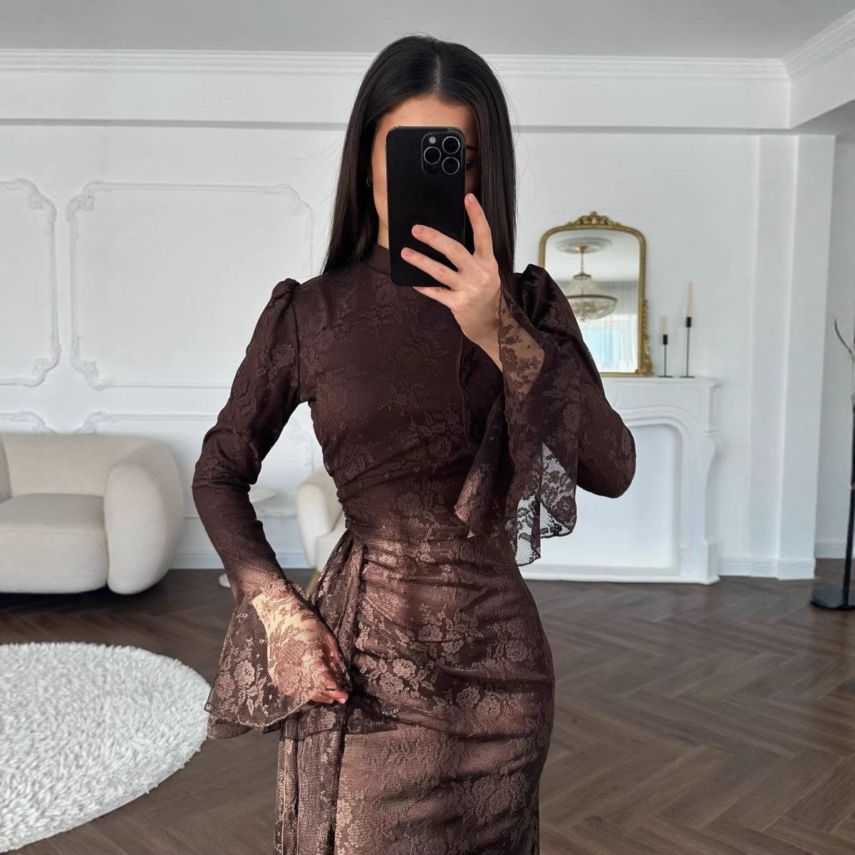 Lace Bodycon Evening Dress with Bell Sleeves(MS391)