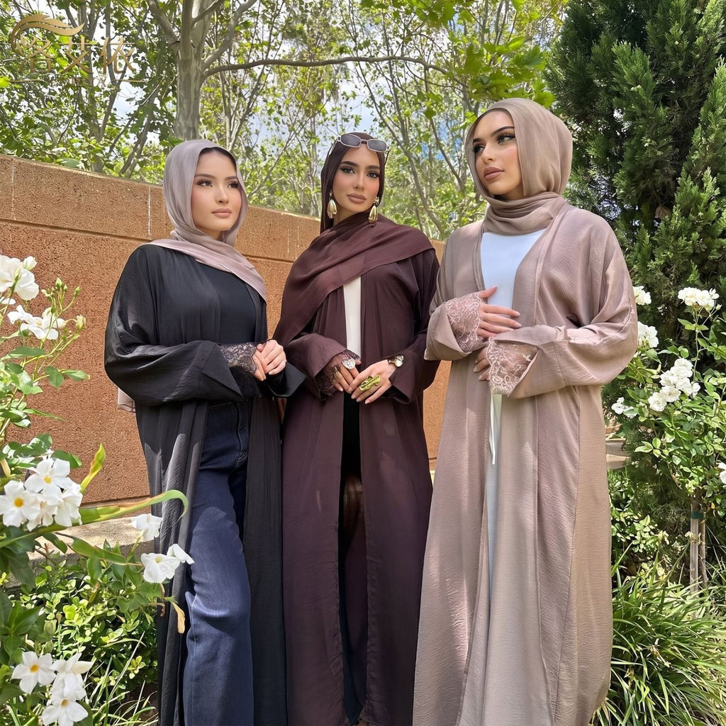 Lace Cuff Crinkle Open Abaya(MOA328)