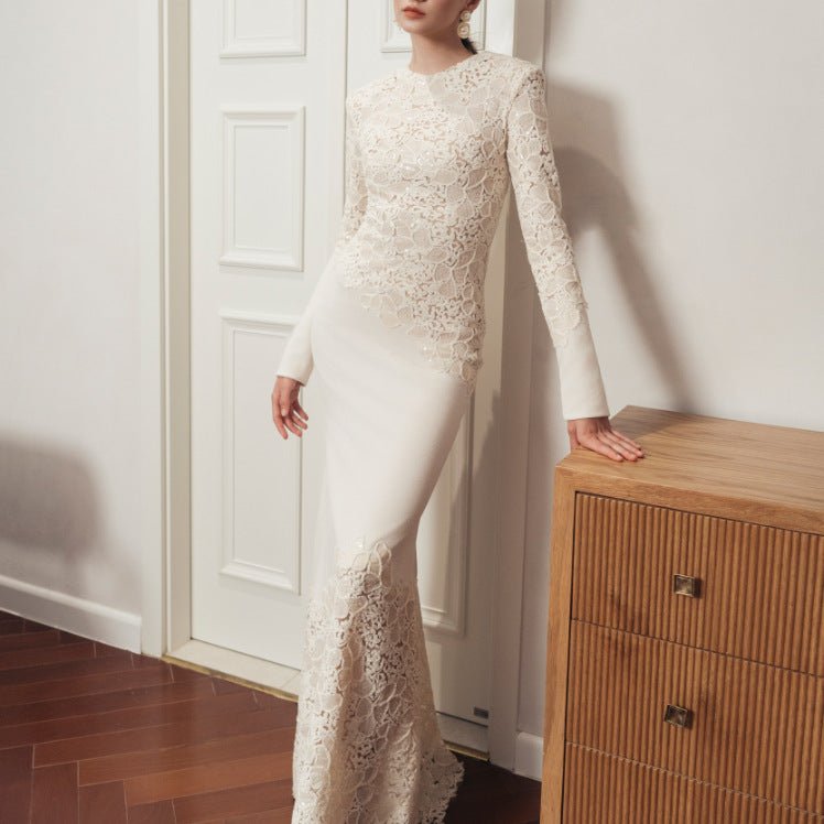 Lace Embroidered Mermaid Gown | Vintage Elegant Fishtail Maxi Dress (MS215)