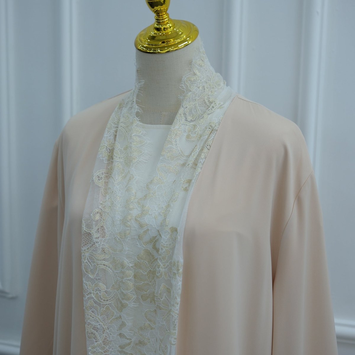 Lace-Panel Flared-Sleeve Open Abaya with Pockets(MOA332)