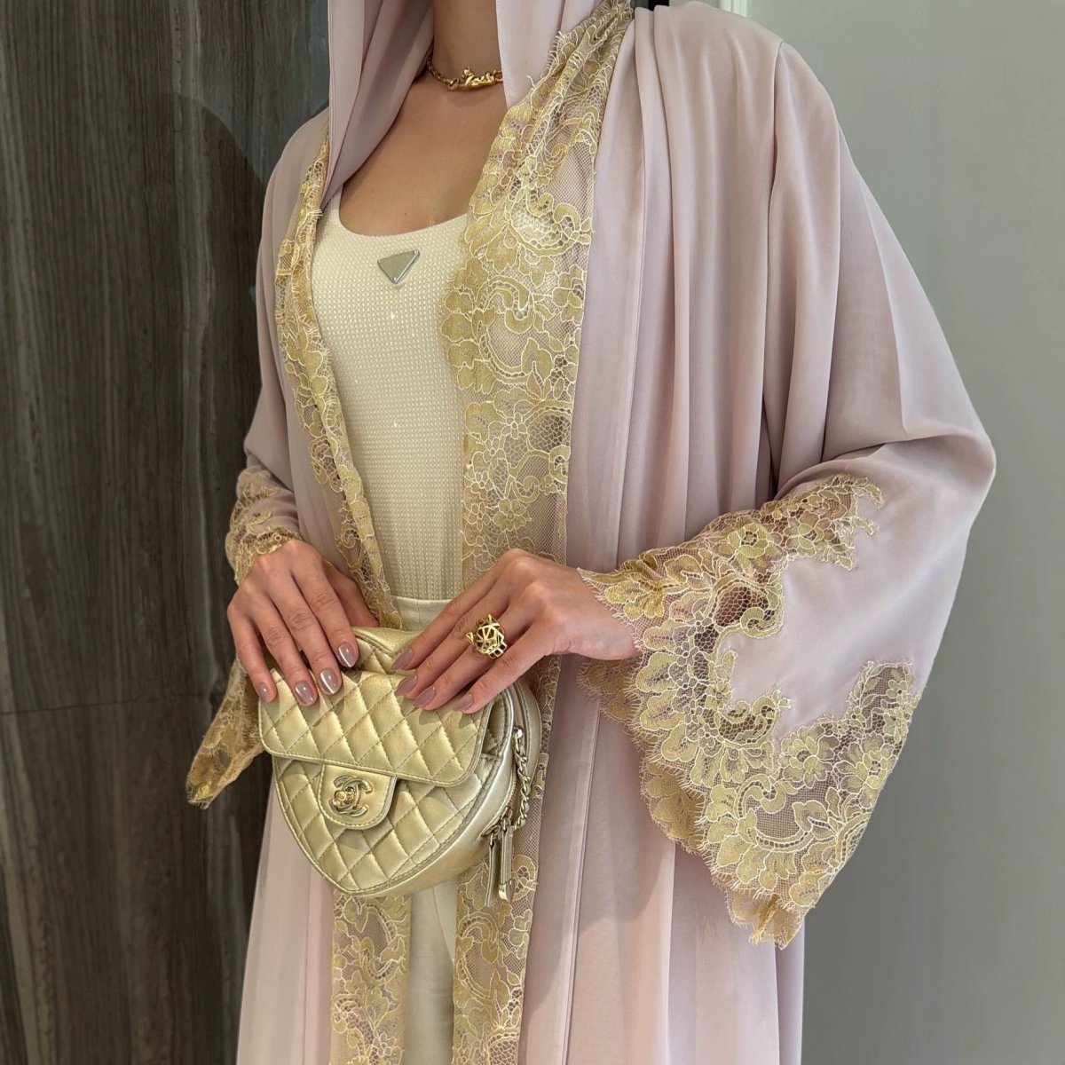 Lace-Panel Flared-Sleeve Open Abaya with Pockets(MOA332)
