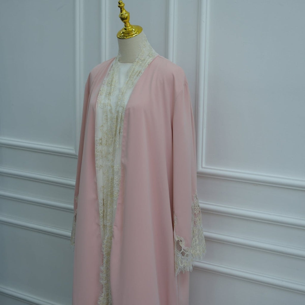 Lace-Panel Flared-Sleeve Open Abaya with Pockets(MOA332)