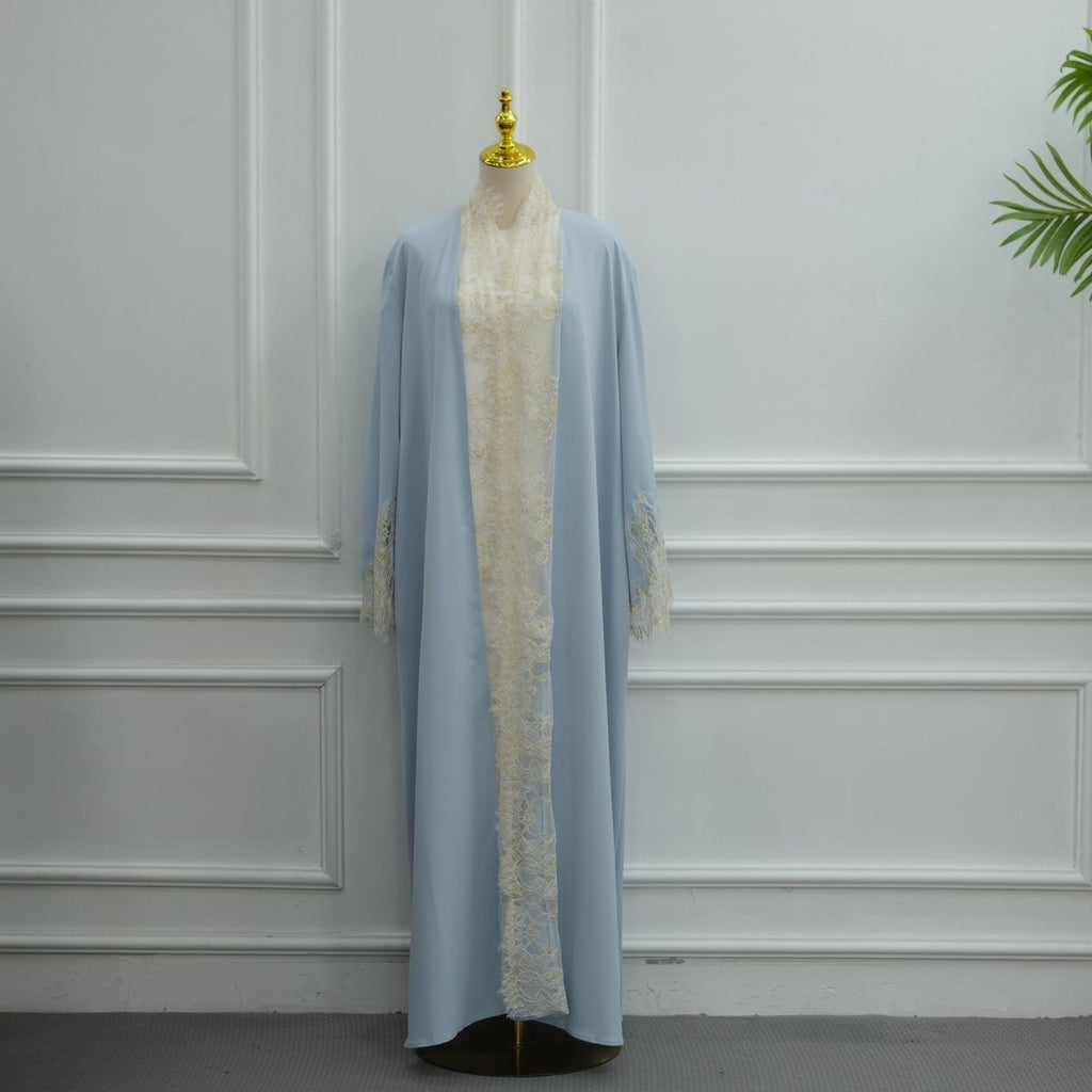 Lace-Panel Flared-Sleeve Open Abaya with Pockets(MOA332)