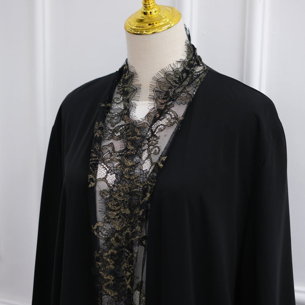 Lace-Panel Flared-Sleeve Open Abaya with Pockets(MOA332)