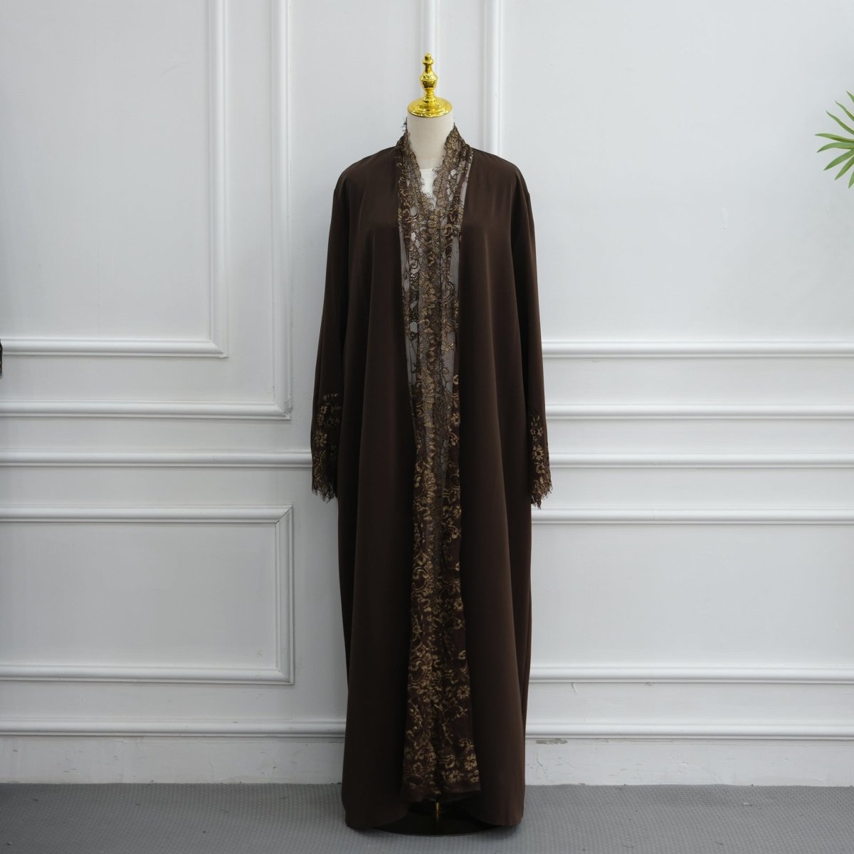 Lace-Panel Flared-Sleeve Open Abaya with Pockets(MOA332)