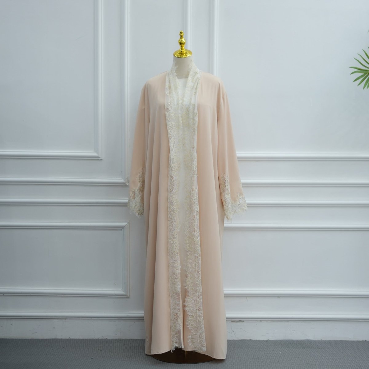 Lace-Panel Flared-Sleeve Open Abaya with Pockets(MOA332)