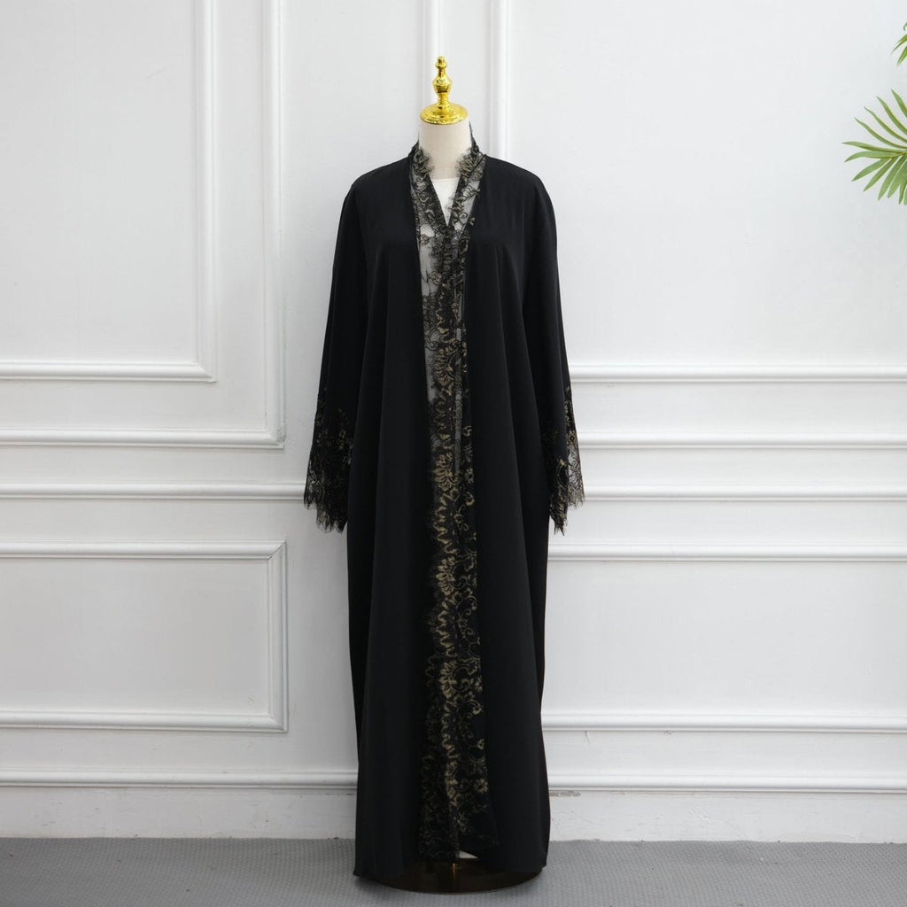 Lace-Panel Flared-Sleeve Open Abaya with Pockets(MOA332)