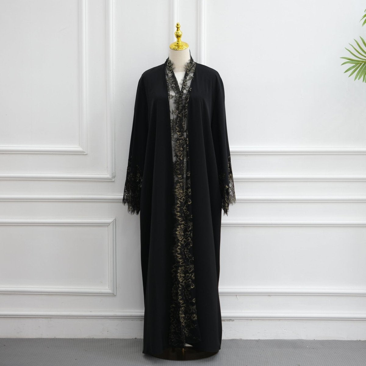 Lace-Panel Flared-Sleeve Open Abaya with Pockets(MOA332)