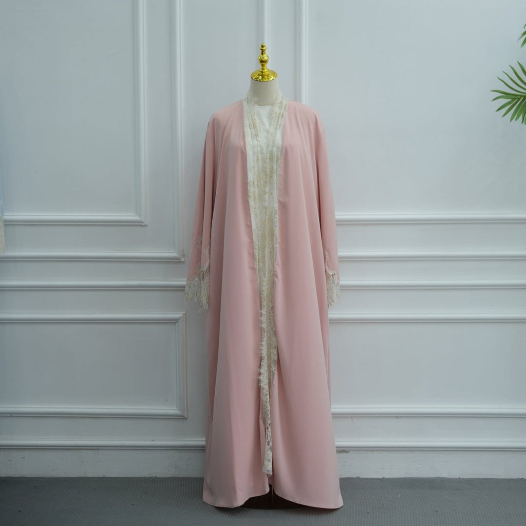 Lace-Panel Flared-Sleeve Open Abaya with Pockets(MOA332)